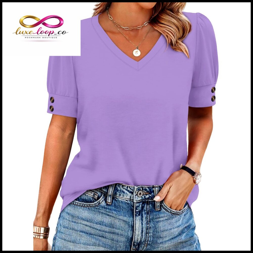 Plus Size V-Neck Short Sleeve Blouse Loose Fit Button Details Casual Dressy